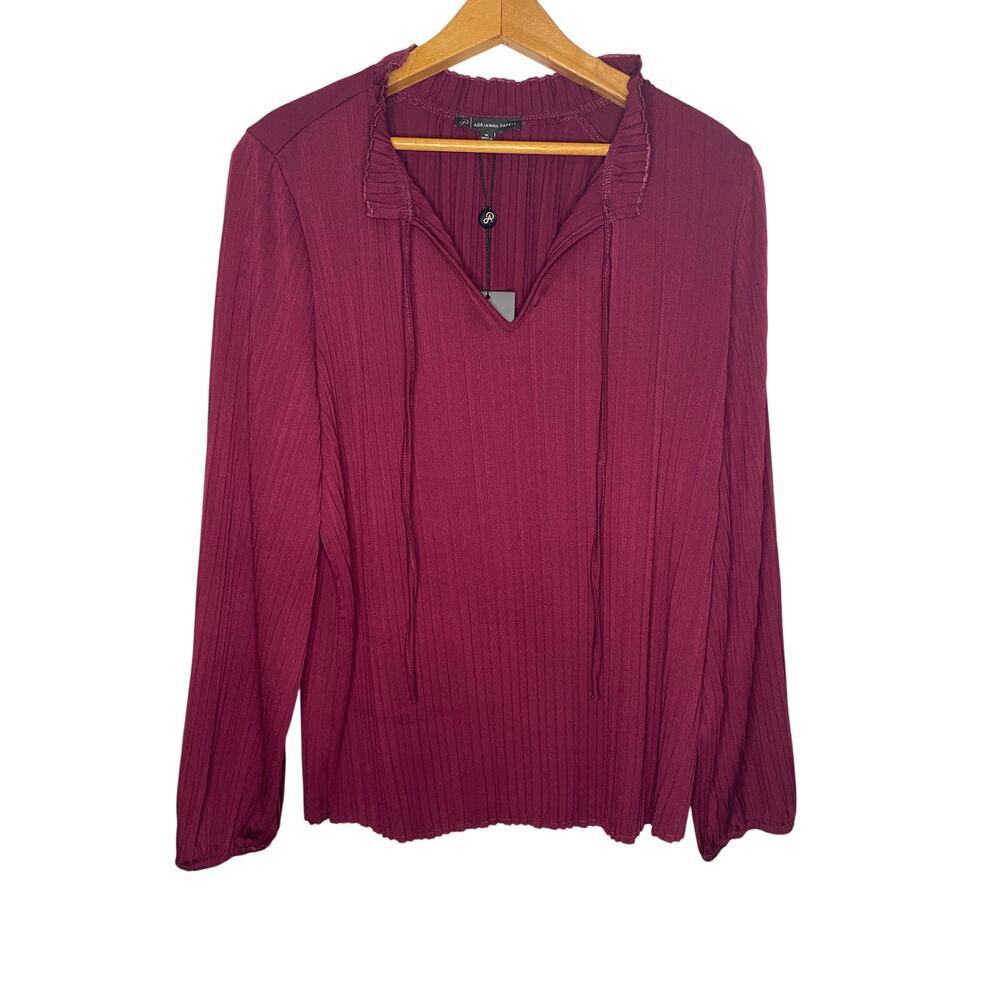 New Adrianna Papell Magenta Blouse Solid Knit Long Bubble Sleeve Tie Festival M
